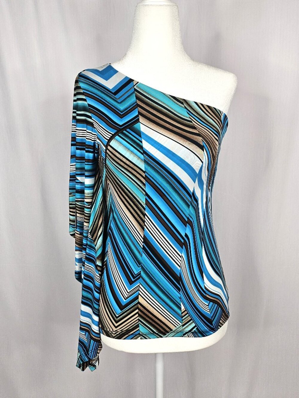 Cache | One Shoulder Top | Turquoise Geometric Print | Size XS